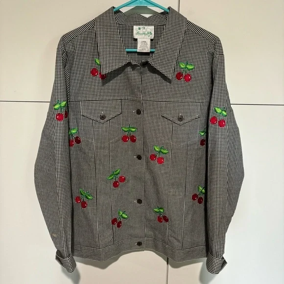 VTG Quacker Factory Womens Jacket Large Black White Gingham Button Cherry Preppy - Picture 2 of 10